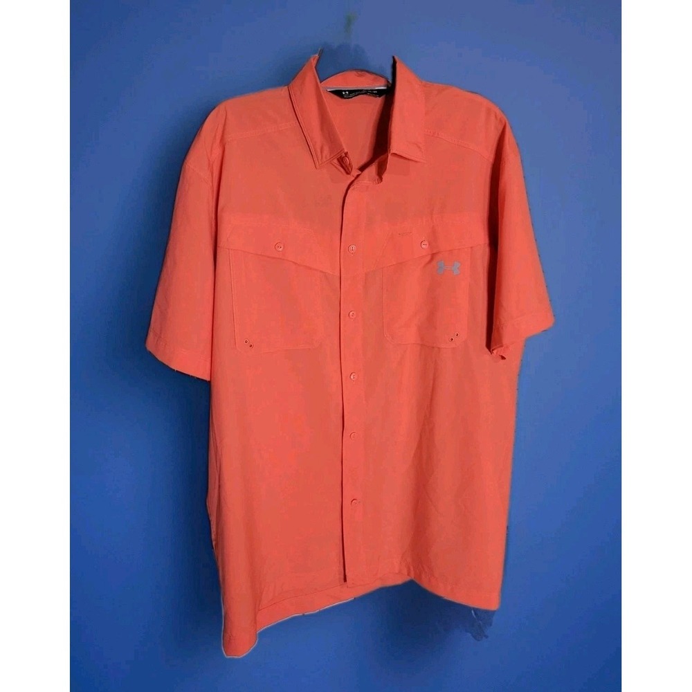 Under Armour Men's Heat Gear Loose Fit Short Sleeve Salmon Button-Down Shirt XL